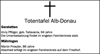 Anzeige von Totentafel vom 18.04.2020 von Schwäbische Zeitung