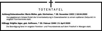 Anzeige von Totentafel vom 21.04.2020 von Schwäbische Zeitung