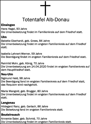 Anzeige von Totentafel vom 21.04.2020 von Schwäbische Zeitung