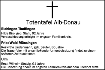 Anzeige von Totentafel vom 22.04.2020 von Schwäbische Zeitung