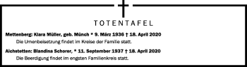 Anzeige von Totentafel vom 22.04.2020 von Schwäbische Zeitung