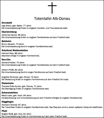 Anzeige von Totentafel vom 24.04.2020 von Schwäbische Zeitung