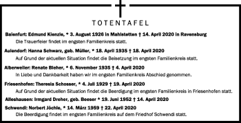 Anzeige von Totentafel vom 25.04.2020 von Schwäbische Zeitung