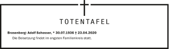 Anzeige von Totentafel vom 27.04.2020 von Schwäbische Zeitung