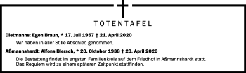 Anzeige von Totentafel vom 28.04.2020 von Schwäbische Zeitung