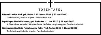 Anzeige von Totentafel vom 29.04.2020 von Schwäbische Zeitung