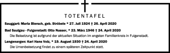 Anzeige von Totentafel vom 30.04.2020 von Schwäbische Zeitung