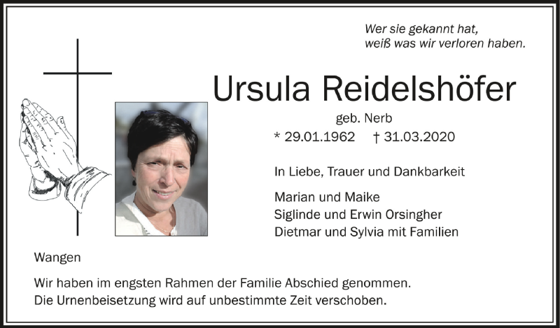  Traueranzeige für Ursula Reidelshöfer vom 04.04.2020 aus Schwäbische Zeitung