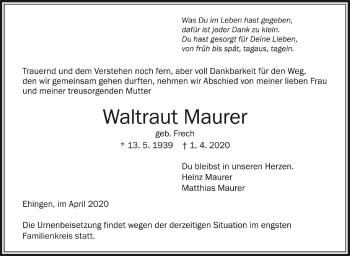 Anzeige von Waltraut Maurer von Schwäbische Zeitung