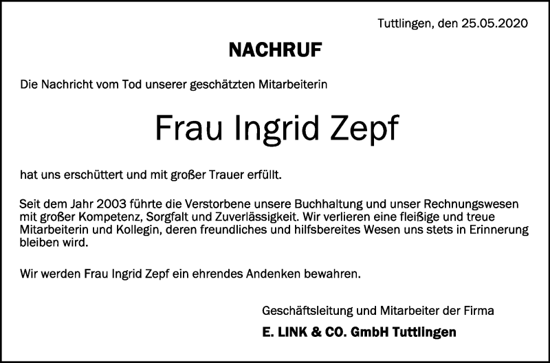  Traueranzeige für Ingrid Zepf vom 27.05.2020 aus Schwäbische Zeitung