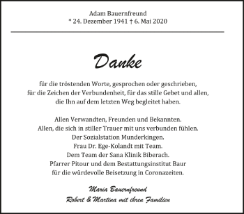 Anzeige von Adam Bauernfreund von Schwäbische Zeitung