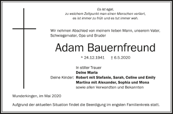 Anzeige von Adam Bauernfreund von Schwäbische Zeitung