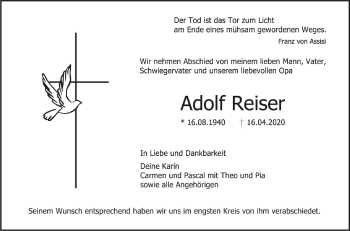 Anzeige von Adolf Reiser von Schwäbische Zeitung