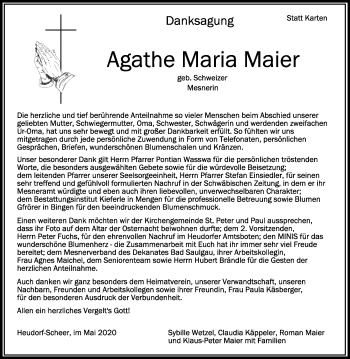 Anzeige von Agathe Maria Maier von Schwäbische Zeitung
