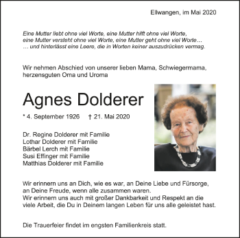 Anzeige von Agnes Dolderer von Schwäbische Zeitung