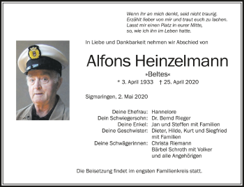Anzeige von Alfons Heinzelmann von Schwäbische Zeitung
