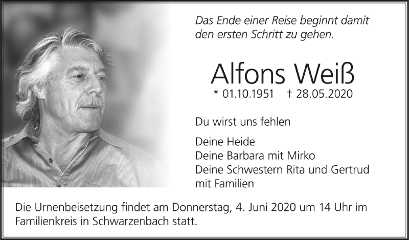  Traueranzeige für Alfons Weiß vom 30.05.2020 aus Schwäbische Zeitung