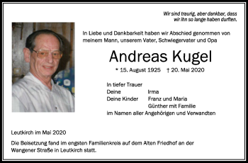 Anzeige von Andreas Kugel von Schwäbische Zeitung