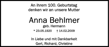 Anzeige von Anna Behlmer von Schwäbische Zeitung