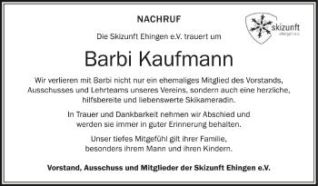 Anzeige von Barbi Kaufmann von Schwäbische Zeitung