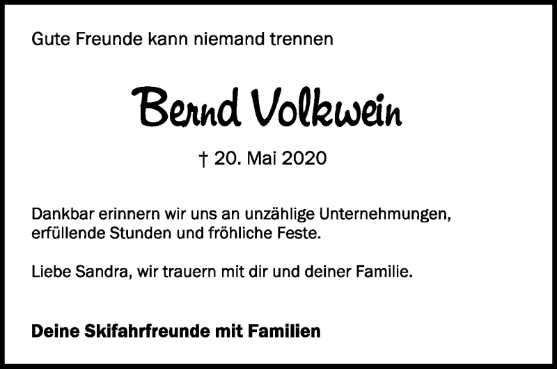  Traueranzeige für Bernd Volkwein vom 27.05.2020 aus Schwäbische Zeitung
