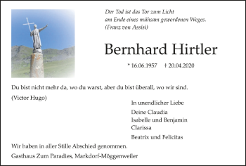 Anzeige von Bernhard Hirtler von Schwäbische Zeitung
