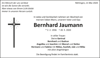 Anzeige von Bernhard Jaumann von Schwäbische Zeitung