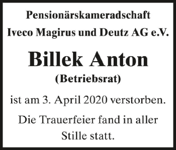 Anzeige von Billek Anton von Schwäbische Zeitung