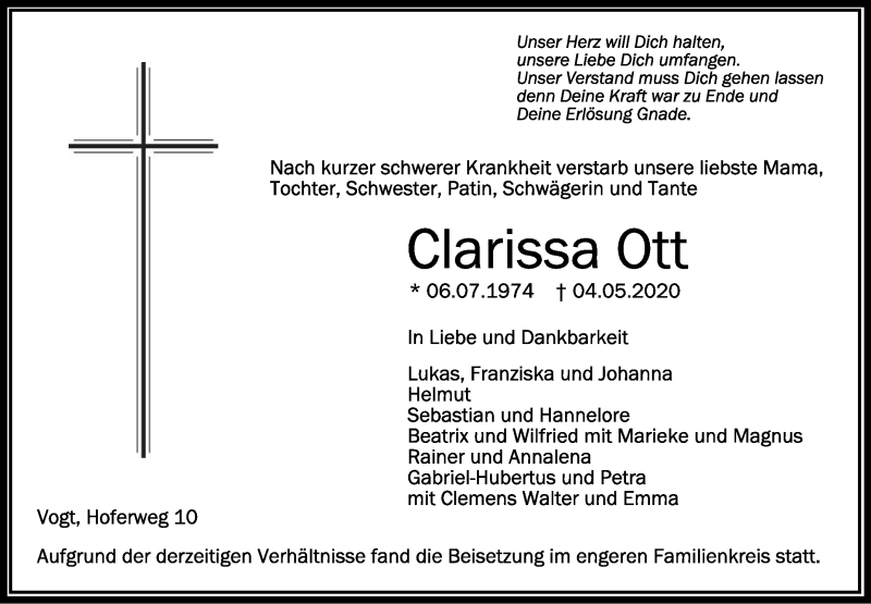  Traueranzeige für Clarissa Ott vom 13.05.2020 aus Schwäbische Zeitung