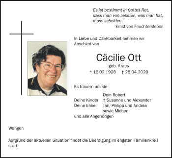 Anzeige von Cäcilie Ott von Schwäbische Zeitung
