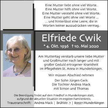 Anzeige von Elfriede Cwik von Schwäbische Zeitung