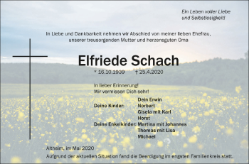 Anzeige von Elfriede Schach von Schwäbische Zeitung