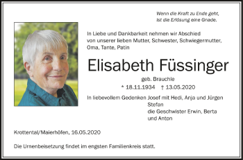 Anzeige von Elisabeth Füssinger von Schwäbische Zeitung