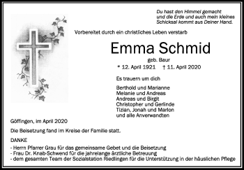 Anzeige von Emma Schmid von Schwäbische Zeitung