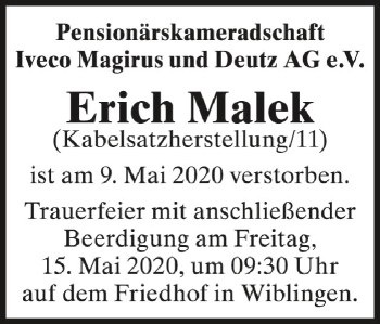 Anzeige von Erich Malek von Schwäbische Zeitung