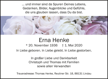Anzeige von Erna Henke von Schwäbische Zeitung