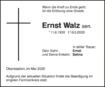 Anzeige von Ernst Walz sen von Schwäbische Zeitung