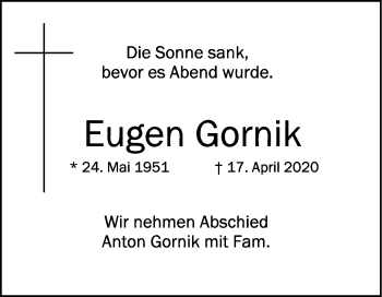Anzeige von Eugen Gornik von Schwäbische Zeitung