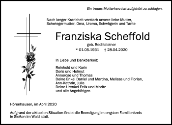Anzeige von Franziska Scheffold von Schwäbische Zeitung