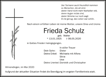 Anzeige von Frieda Schulz von Schwäbische Zeitung