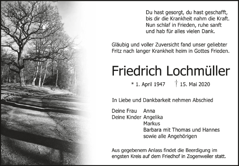  Traueranzeige für Friedrich Lochmüller vom 18.05.2020 aus Schwäbische Zeitung