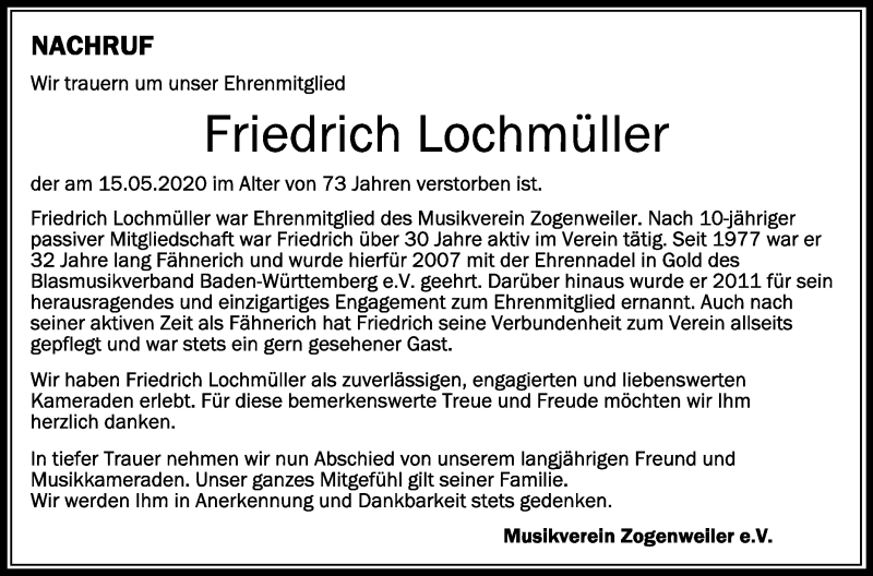  Traueranzeige für Friedrich Lochmüller vom 20.05.2020 aus Schwäbische Zeitung