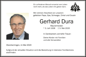 Anzeige von Gerhard Dura von Schwäbische Zeitung