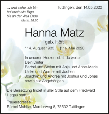 Anzeige von Hanna Matz von Schwäbische Zeitung