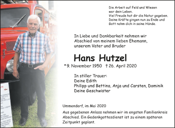 Anzeige von Hans Hutzel von Schwäbische Zeitung