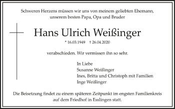 Anzeige von Hans Ulrich Weißinger von Schwäbische Zeitung