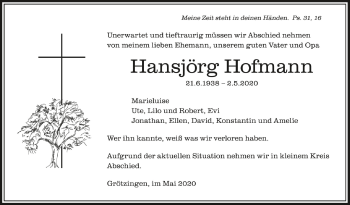 Anzeige von Hansjörg Hofmann von Schwäbische Zeitung