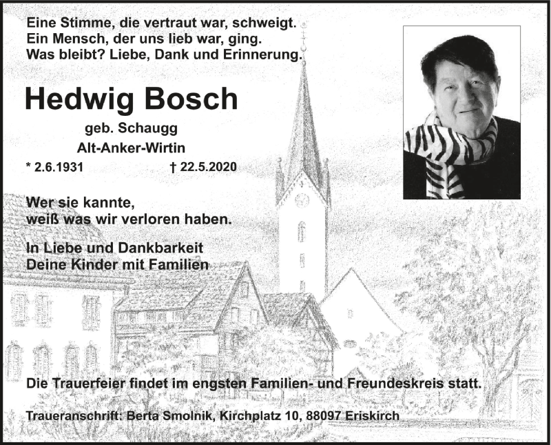  Traueranzeige für Hedwig Bosch vom 26.05.2020 aus Schwäbische Zeitung