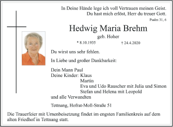 Anzeige von Hedwig Maria Brehm von Schwäbische Zeitung