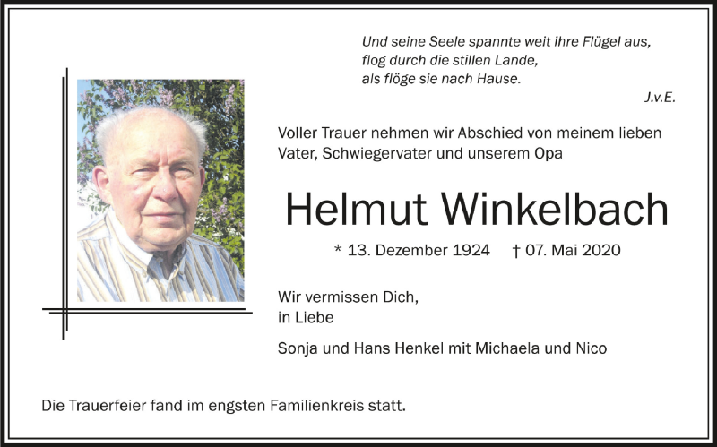  Traueranzeige für Helmut Winkelbach vom 15.05.2020 aus Schwäbische Zeitung
